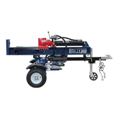 Portable iron & oak 30 ton log splitter on a white background