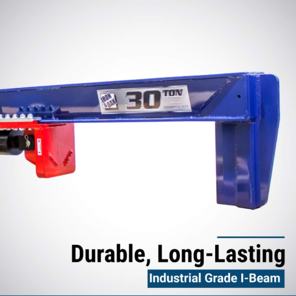 Blue and red iron and oak skid mount 30 ton log splitter with '30 ton' label on a white background