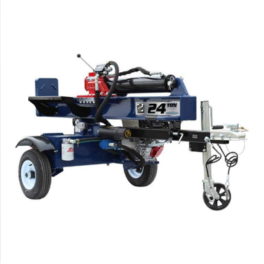 Blue and black iron and oak 24 ton log splitter with visible branding on a white background
