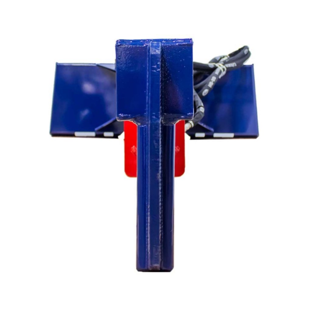 Blue and red iron & oak skid mount 30 ton log splitter with a white background