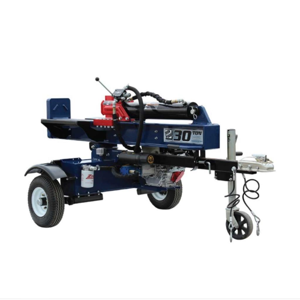 Iron and oak log splitter 30 ton in horizontal position on a white background.