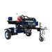 Iron and oak log splitter 30 ton in horizontal position on a white background.