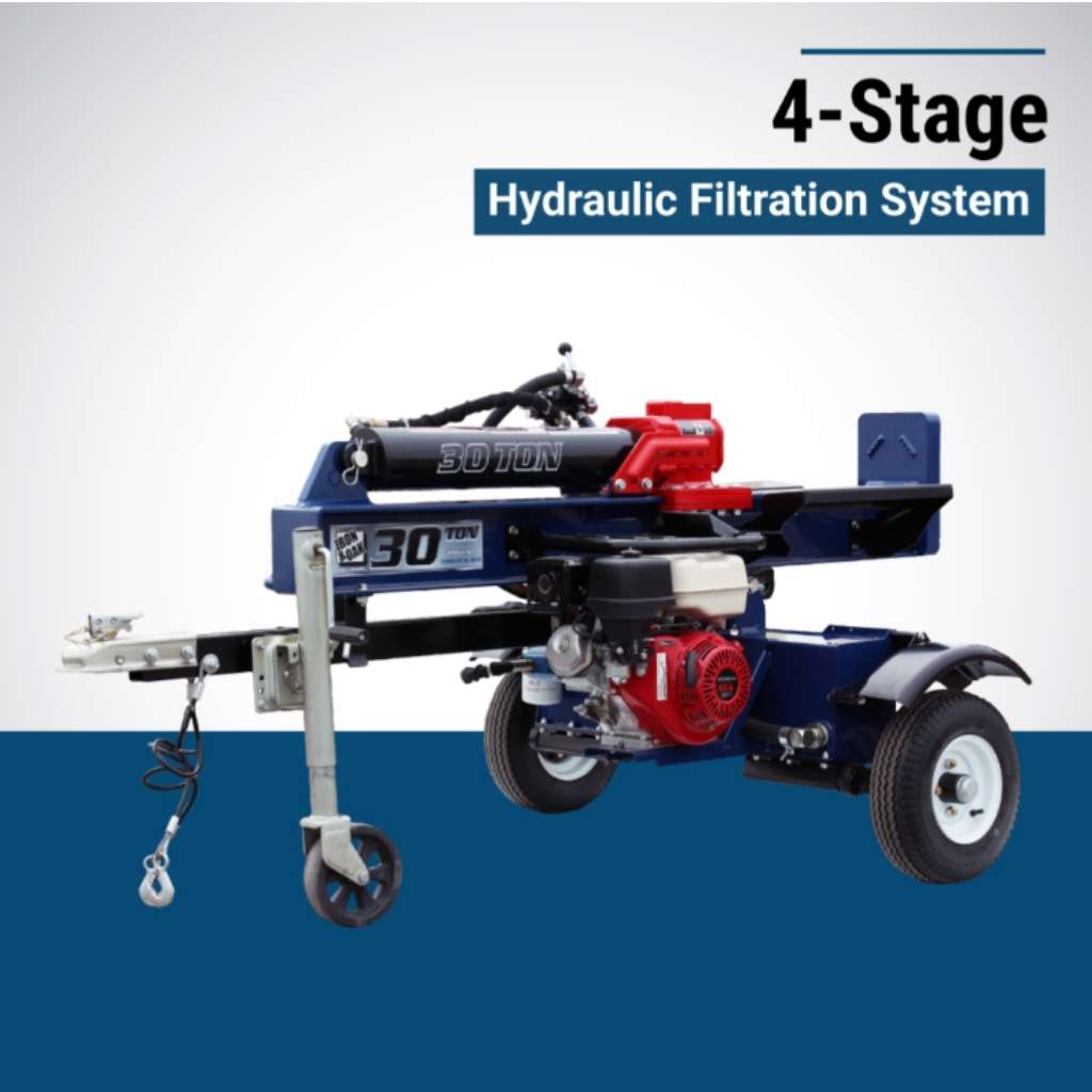 Blue and red Iron and oak 30 ton Log splitter with '4-Stage Hydraulic Filtration System' text on a white and blue background
