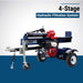 Blue and red Iron and oak 30 ton Log splitter with '4-Stage Hydraulic Filtration System' text on a white and blue background
