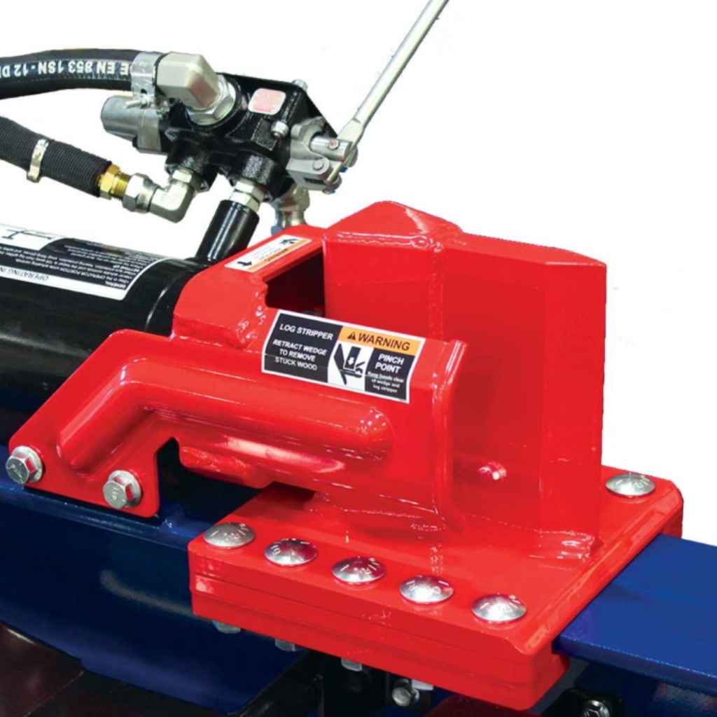 Red mechanical component on a iron and oak 30 ton towable splitter with visible branding on a white background