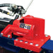 Red mechanical component on a iron and oak 30 ton towable splitter with visible branding on a white background