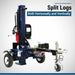 A red and blue Iron and oak splitter 30 ton in the vertical position with texts that say split logs both horizontally and vertically on a whit background with blue trim on the bottom
