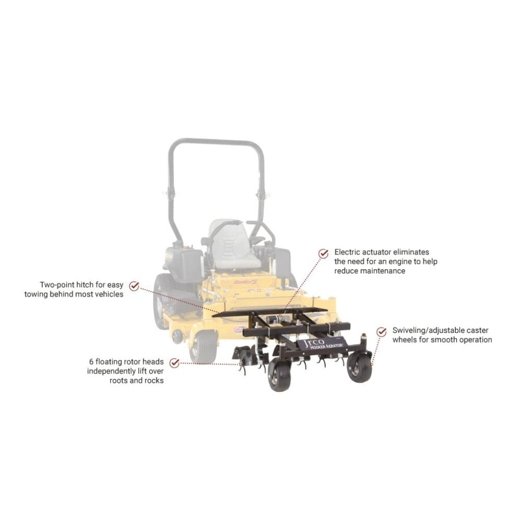 Lawn mower with a Jrco 38 Inch Hooker Aerator with features highlighted on a white background