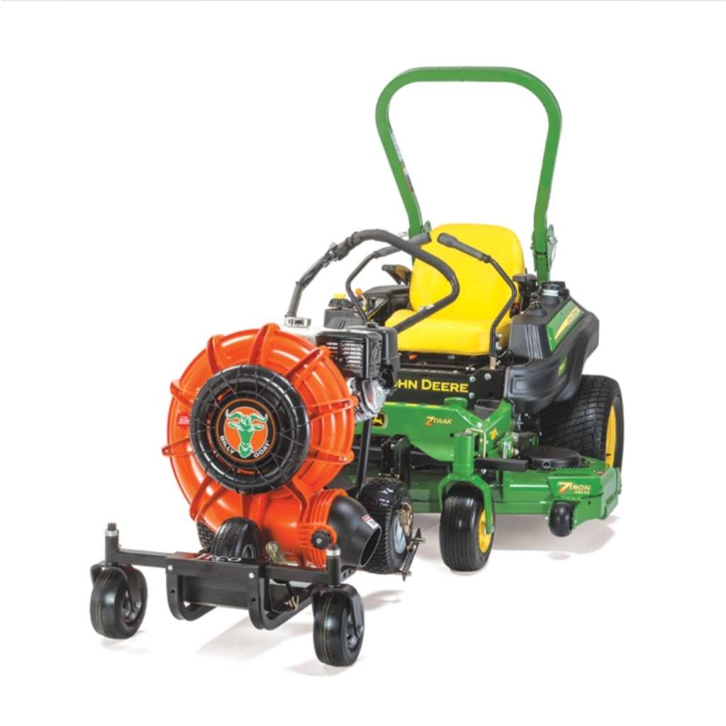 Green lawn mower with orange leaf blower mounted on a jrco blower buggy on a white background