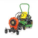 Green lawn mower with orange leaf blower mounted on a jrco blower buggy on a white background