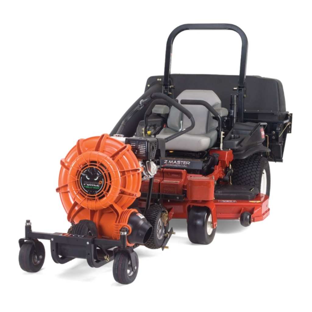 Red riding lawn mower with a jrco blower buggy mower attachment and an orange air filter on a white background