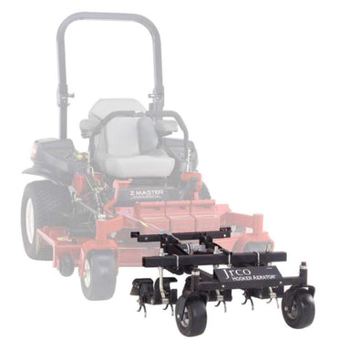 Zero-turn lawn mower with a Jrco 38 Inch Hooker Aerator on a white background