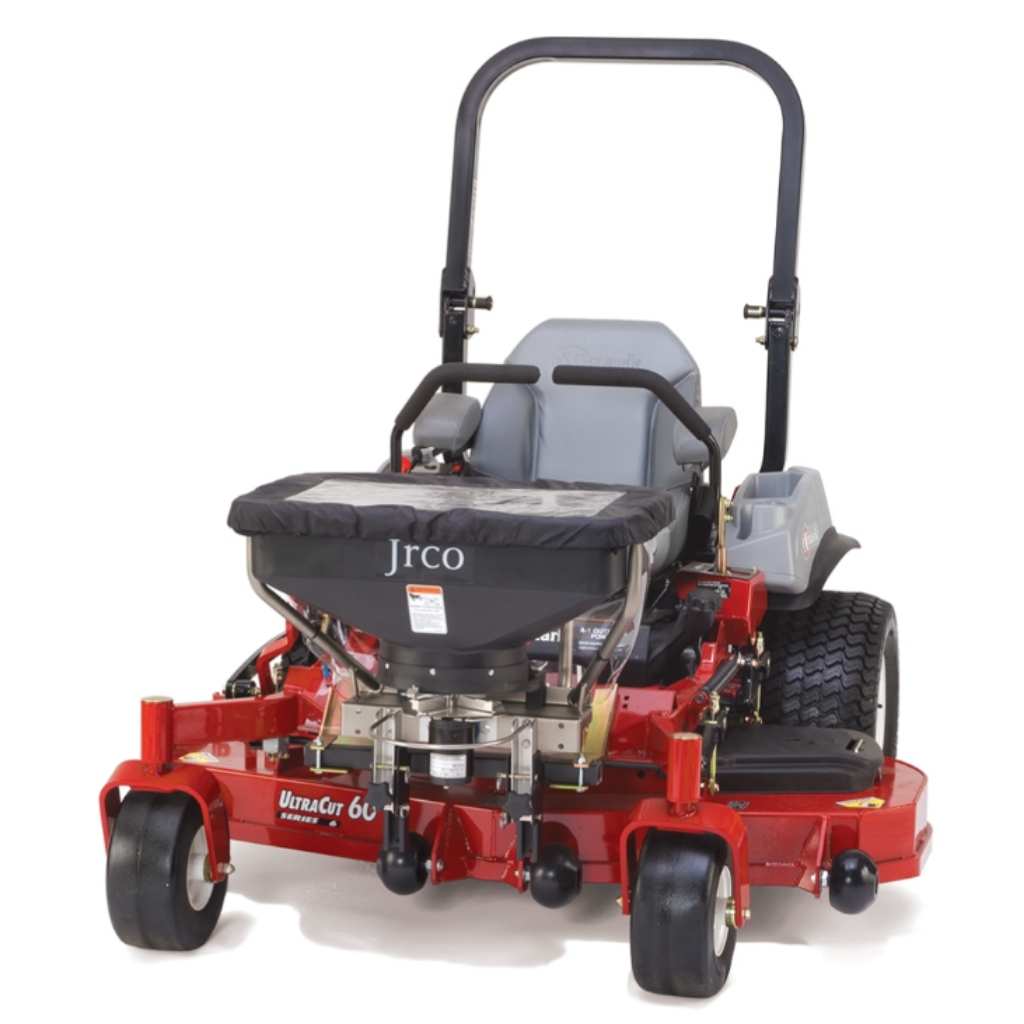 Red lawn mower with a jrco 503 spreader with a visible brand logo on a white background