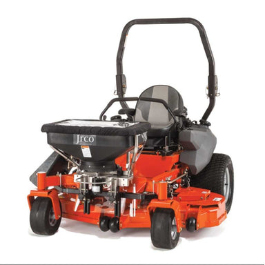 Orange lawn mower with Jrco 503 broadcast spreader attachment on a white background