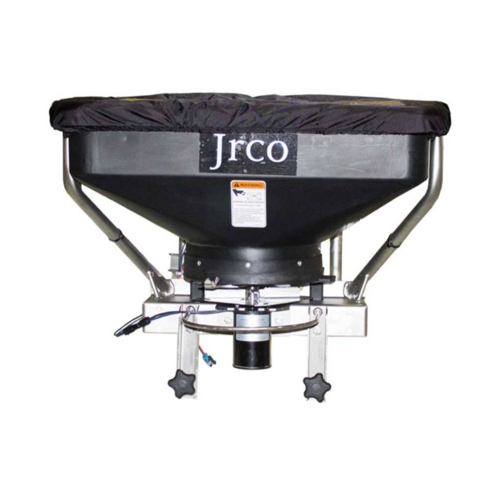 Black JRCO foot control broadcast spreader on a white background