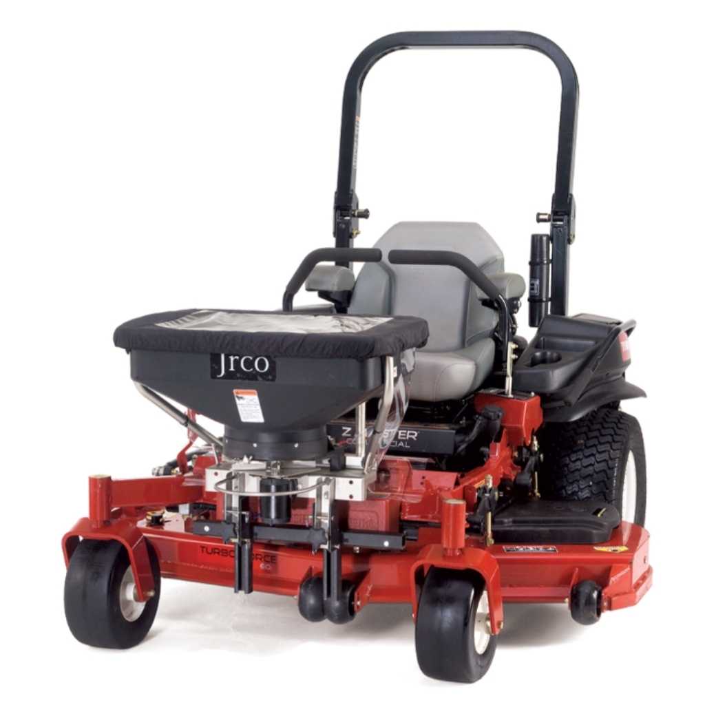 Red lawn mower with Jrco broadcast spreader with foot control on a white background