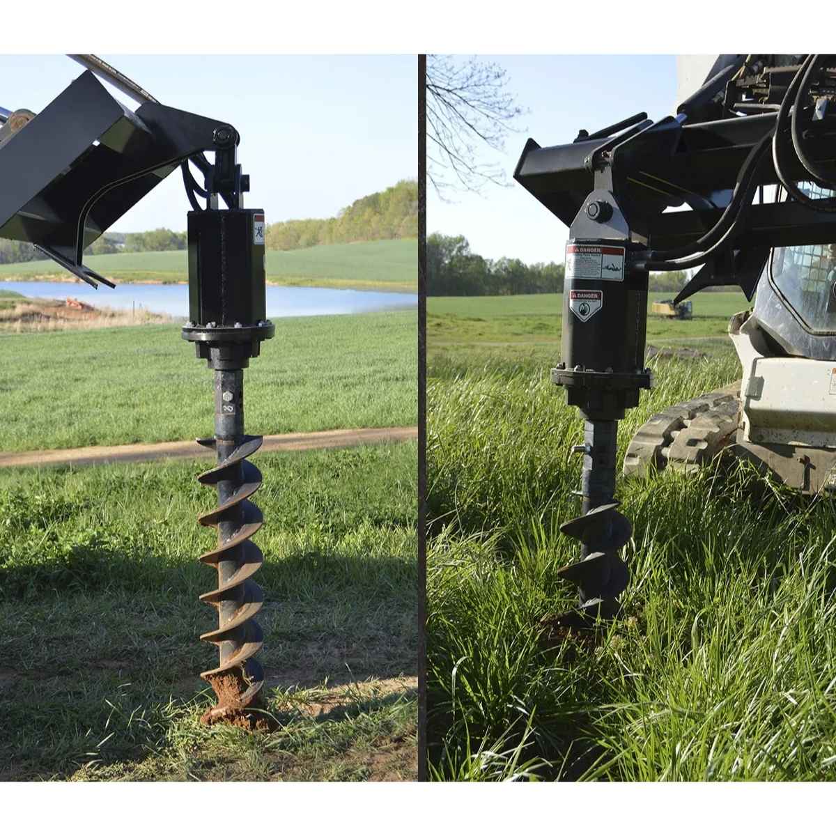 Two views of a Loflin Skid Steer auger on a tractor in a field.