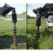 Two views of a Loflin Skid Steer auger on a tractor in a field.