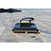 A black LOFLIN fabrication mini skid steer brush cutter attachment with a prominent yellow brand logo, positioned on a gray concrete surface.