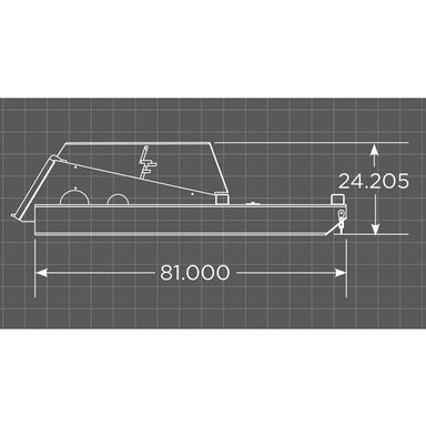 Technical drawing of a loflin skid steer closed front bush cutter with dimensions on a grid background