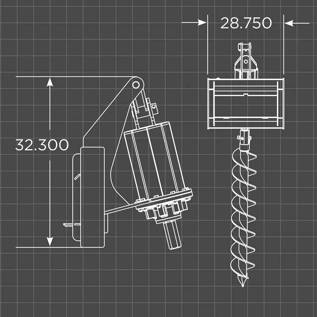 Technical drawing of a loflin mini skid steer auger on a grid background