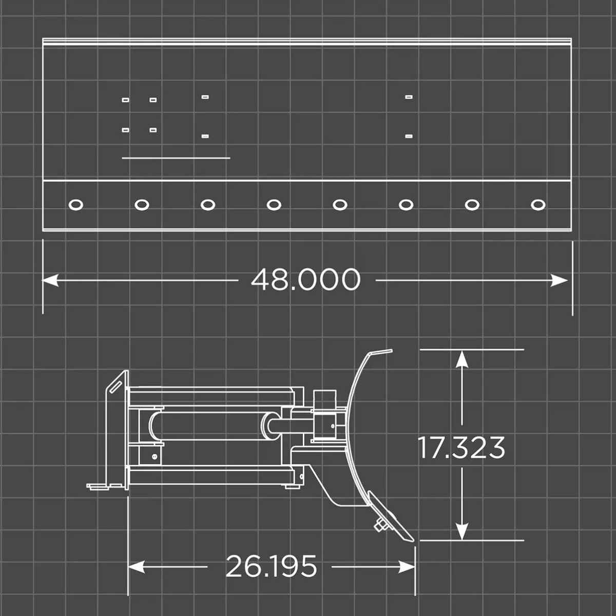 Technical drawing of a Loflin Mini Skid Steer Doer Blade with dimensions on a grid background