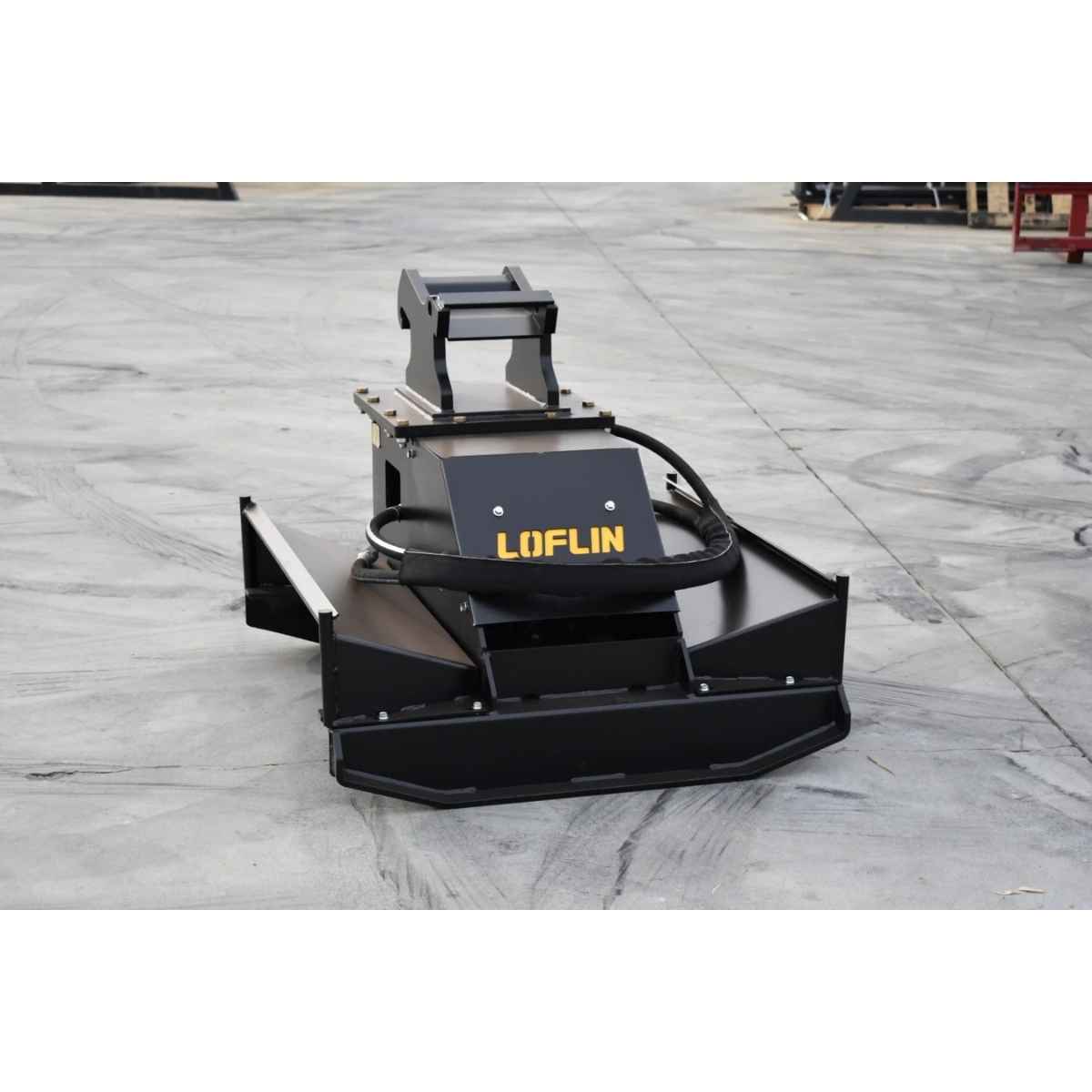 A black LOFLIN heavy-duty mini excavator brush cutter attachment,  photographed on a gray concrete floor.