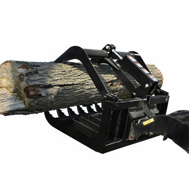 Black Loflin Mini Skid Steer Root Grapple holding a log on a white background