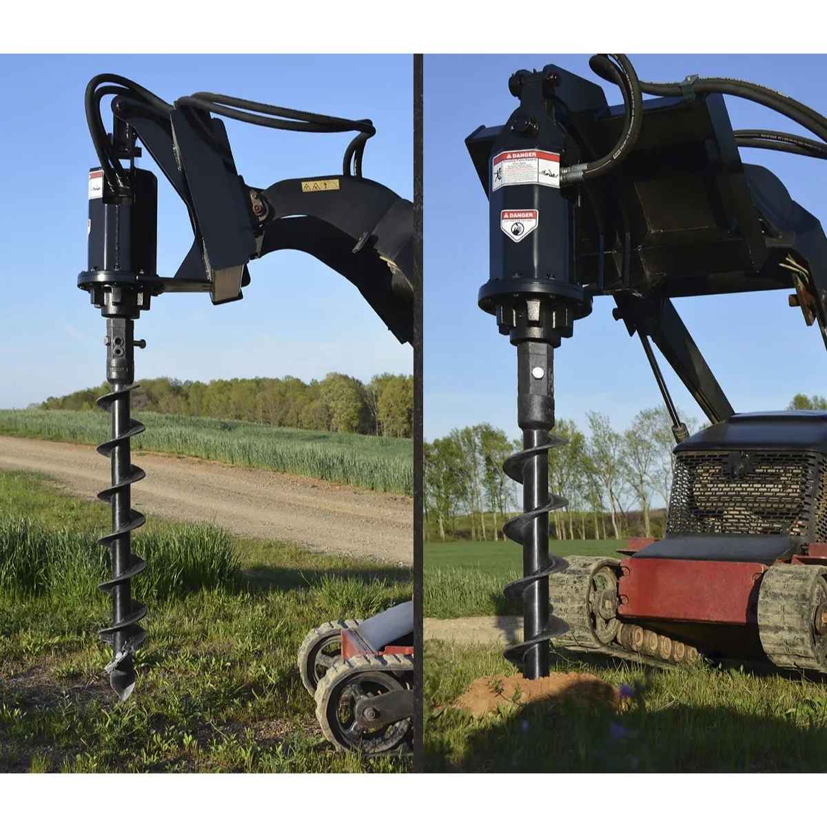 Loflin mini auger on a mini skid steer in a field with a clear blue sky.