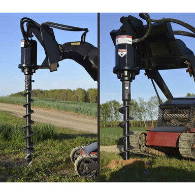 Loflin mini auger on a mini skid steer in a field with a clear blue sky.
