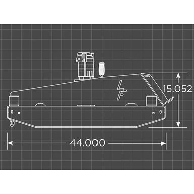 Technical drawing of a Loflin Mini Brush Cutter with dimensions on a grid background