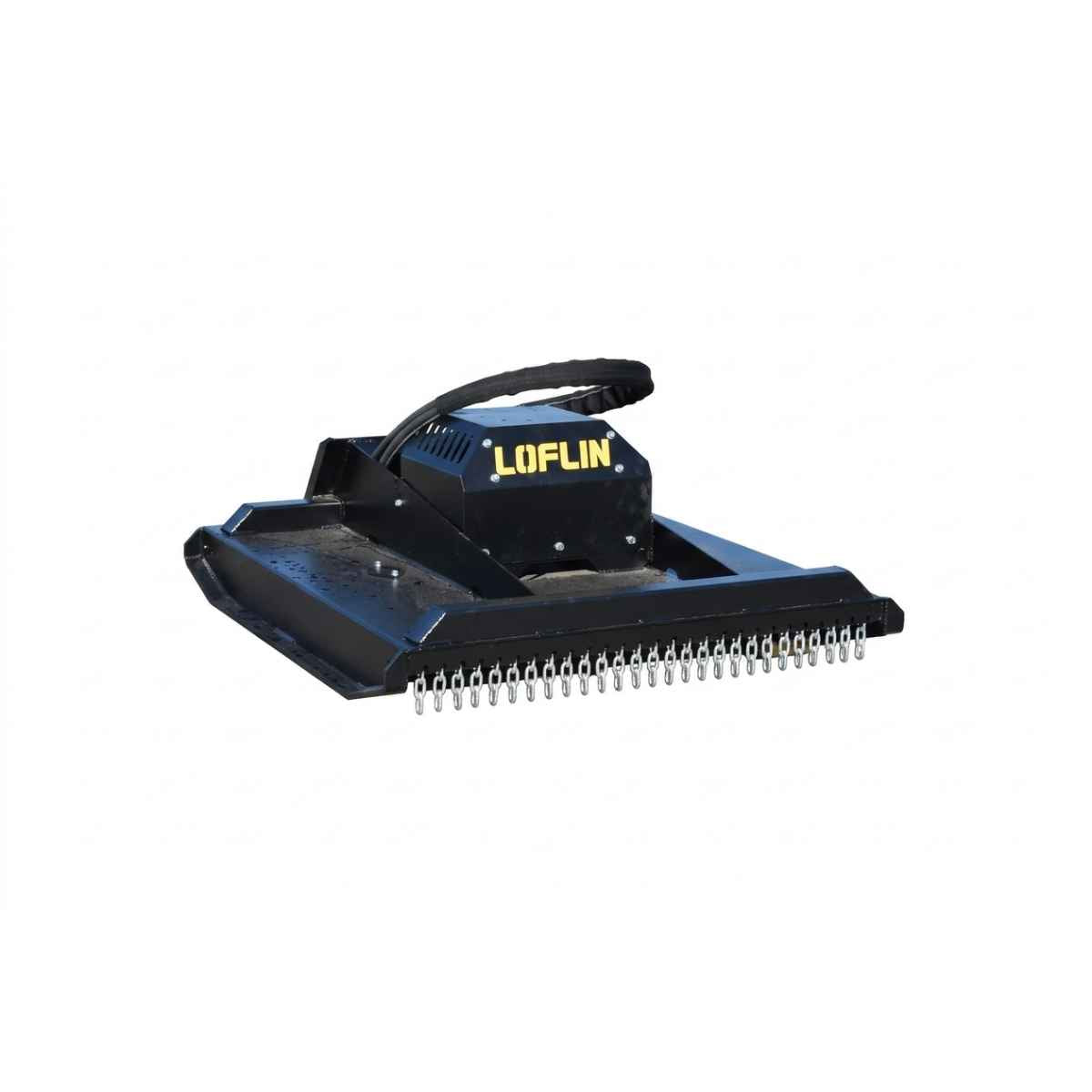 A black LOFLIN fabrication mini skid steer brush cutter attachment with a black handle and a row of silver metal cutting blades, shown on a plain white background.
