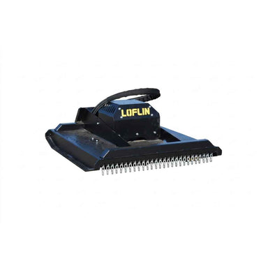 A black LOFLIN fabrication mini skid steer brush cutter attachment with a black handle and a row of silver metal cutting blades, shown on a plain white background.
