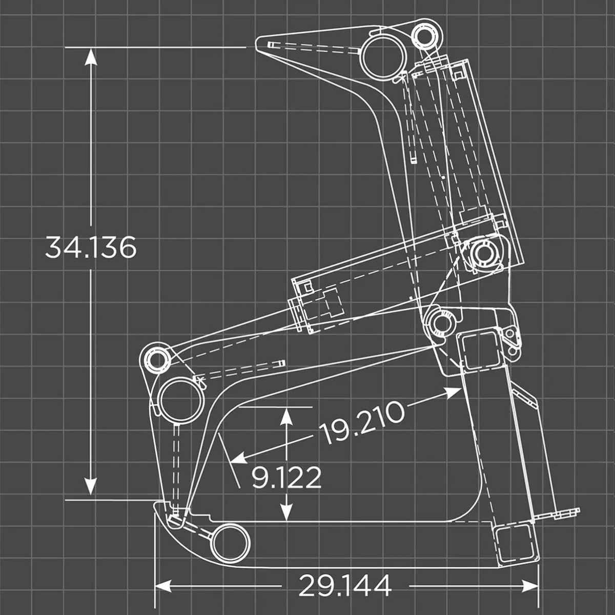Technical drawing of a Loflin Fabrication mini skid steer root grapple with dimensions on a grid background