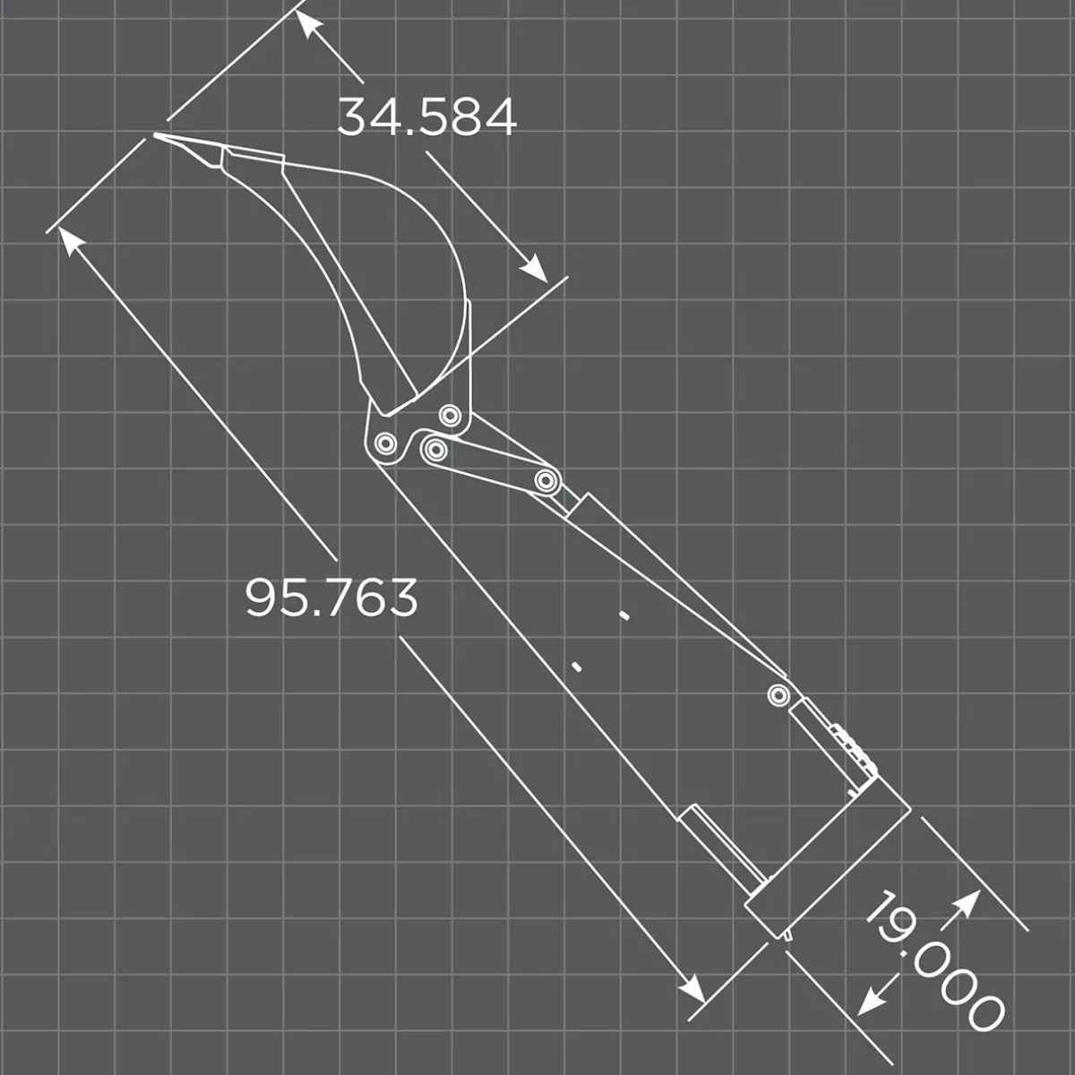Technical drawing of a Loflin Fabrication skid steer backhoe with measurements on a grid background