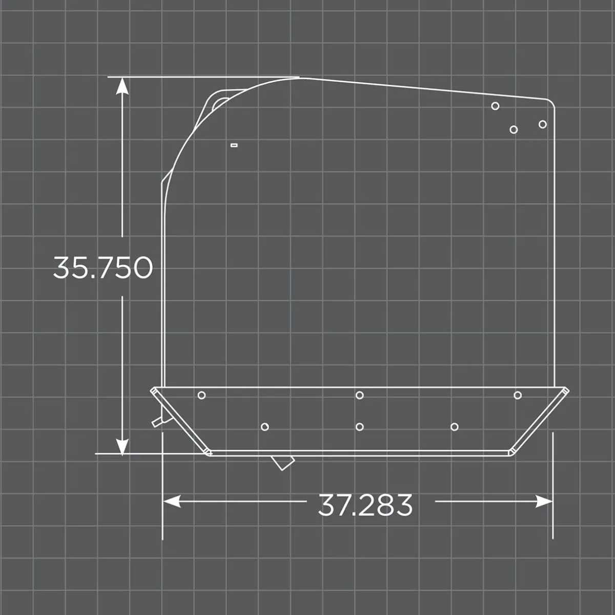 Technical drawing of a loflin snow pusher with dimensions on a grid background