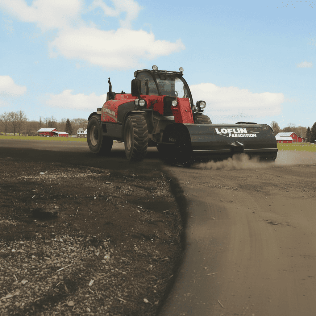 Red tractor with a LOFLIN hydraulic pickup broom for sale on a dirt road.