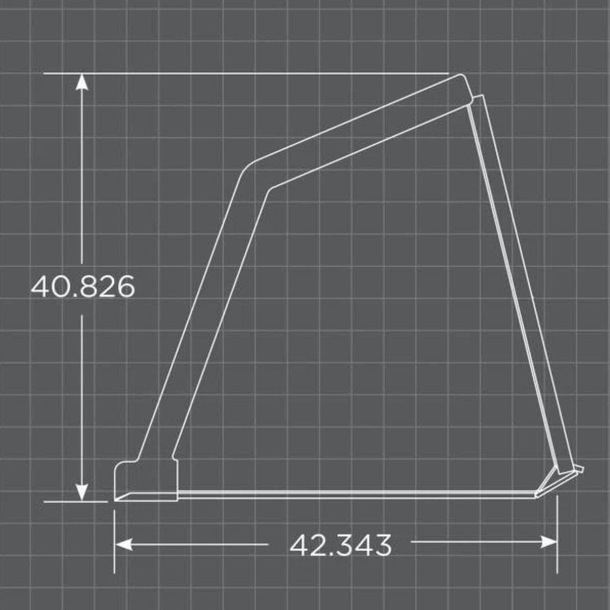 Technical drawing of a Loflin Turkey litter bucket attachment schematics with measurements on a grid background on a grey background