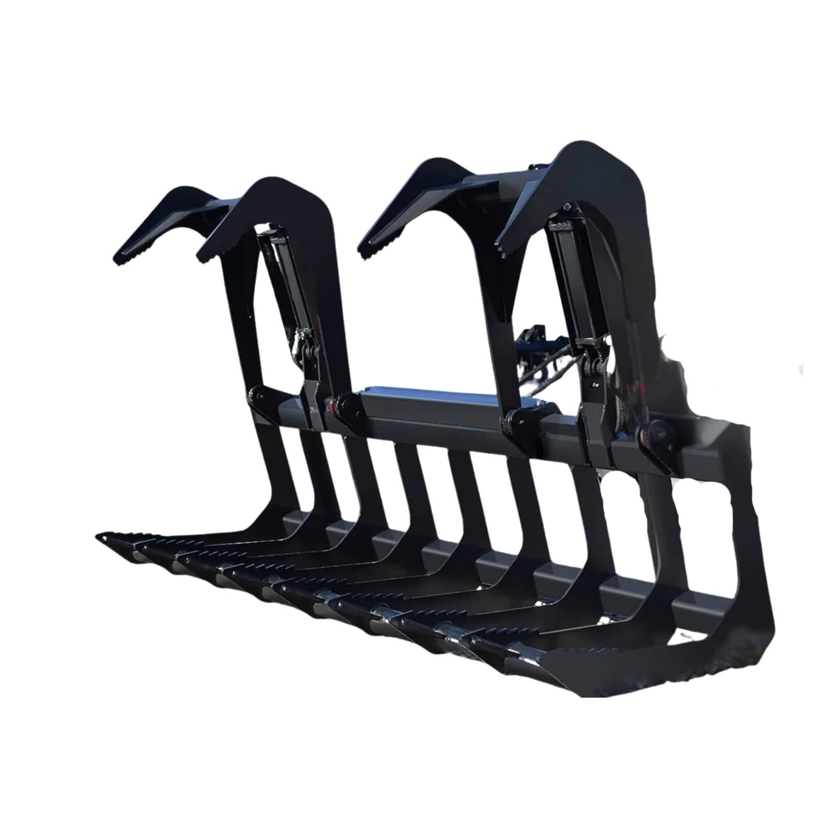 Black Loflin tractor root grapple on a white background