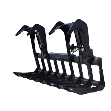 Black Loflin tractor root grapple on a white background