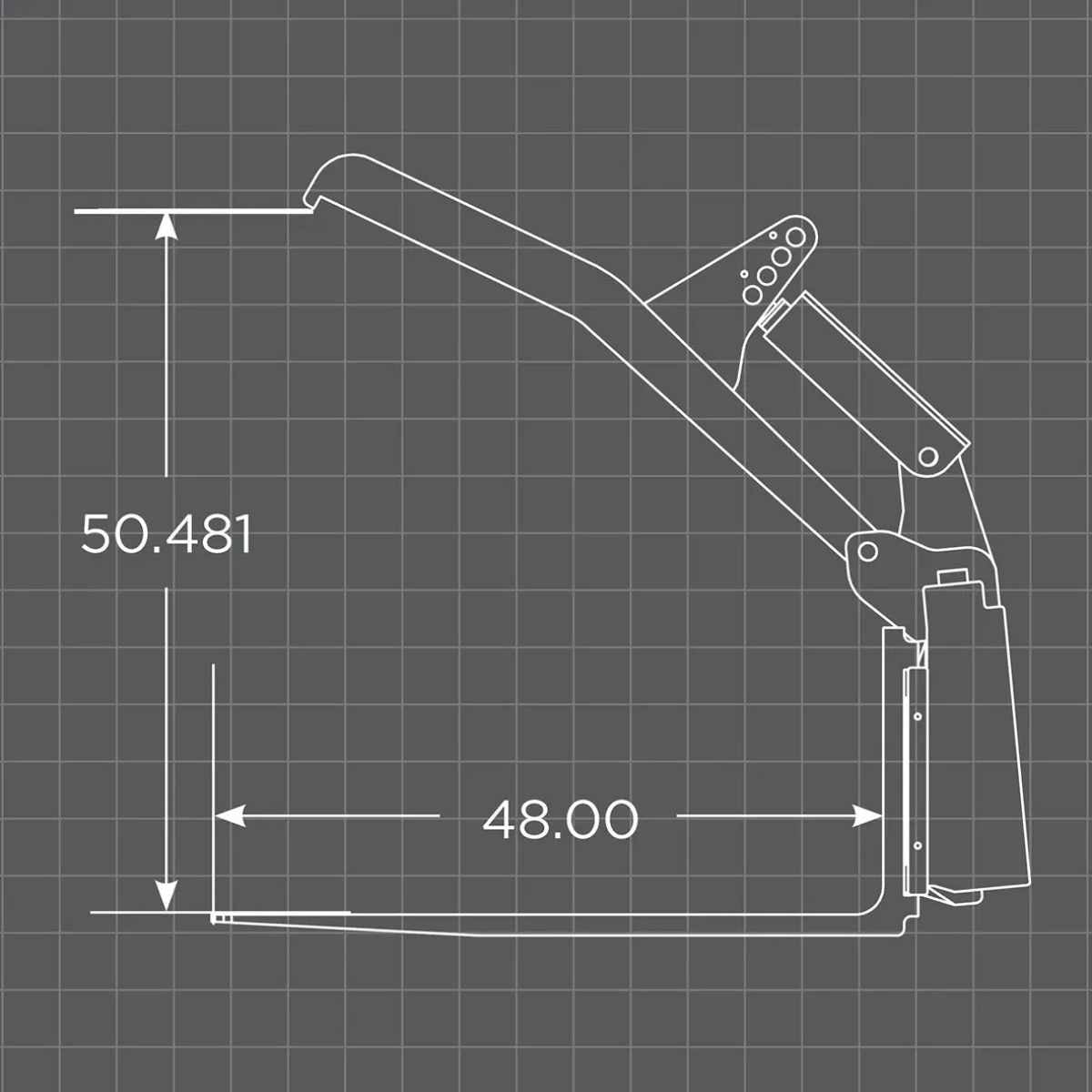 Technical drawing of a loflin fabrication fork grapple with measurements on a grid background