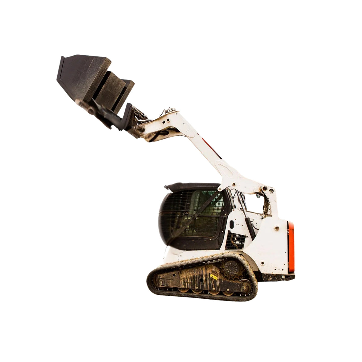Skid steer loader with a loflin front dump bucket attachment on a white background