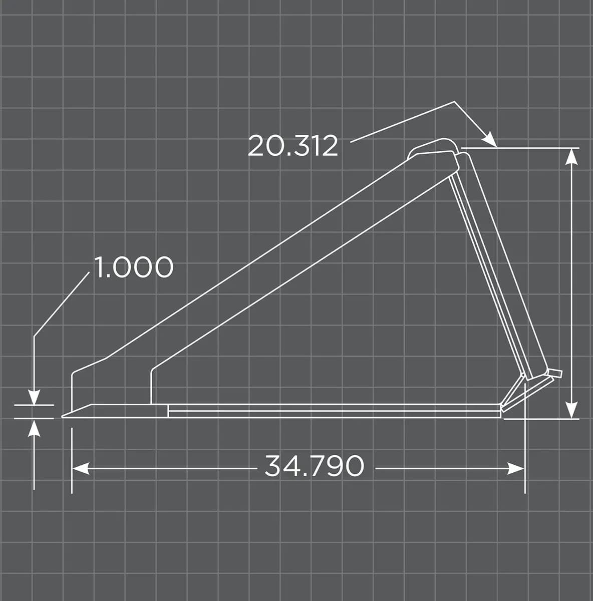 Technical drawing of a Loflin  heavy duty low profile bucket with measurements on a grid background grey background