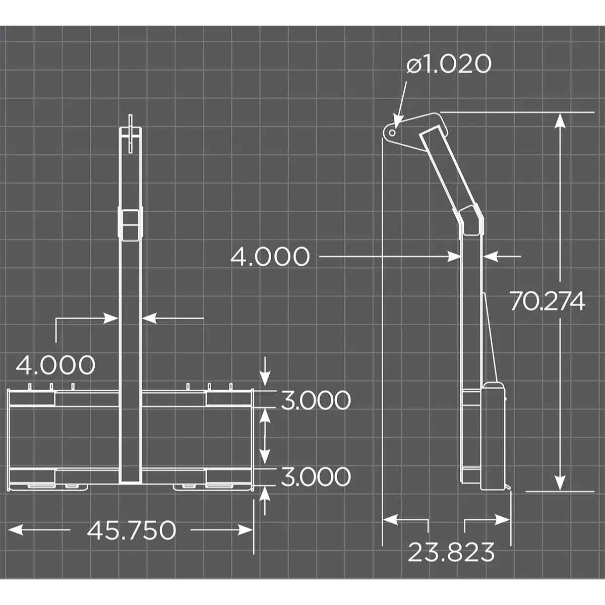 Technical drawing of aloflin fabrication heavy duty tree boom with dimensions on a grid background