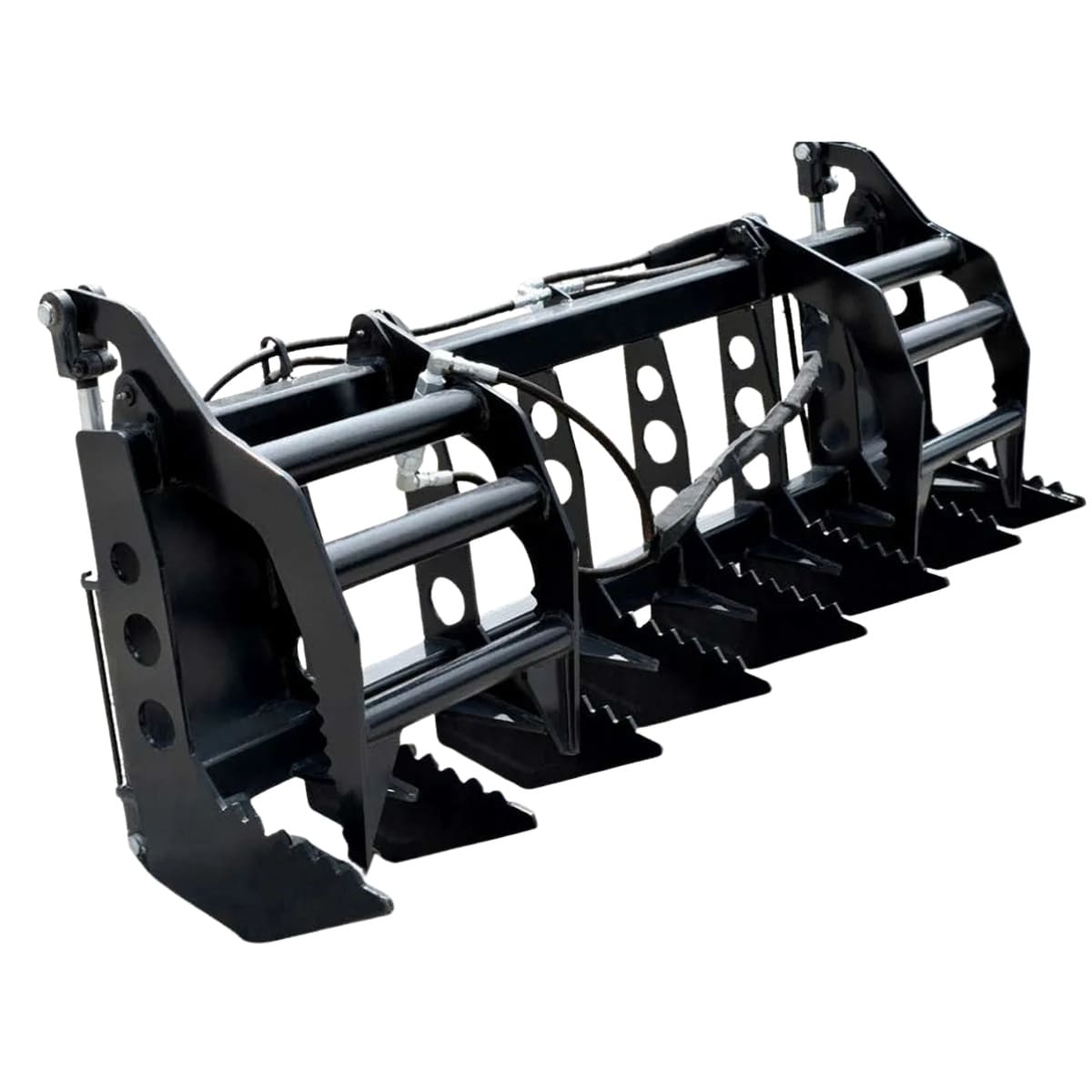 Black loflin tractor vertical root grapple attachment on a white background