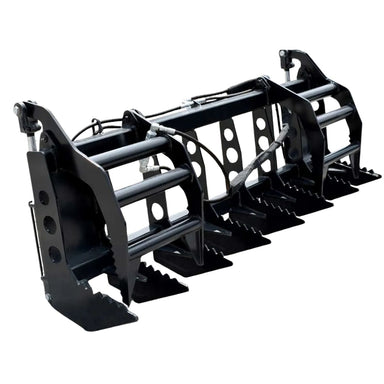 Black loflin tractor vertical root grapple attachment on a white background