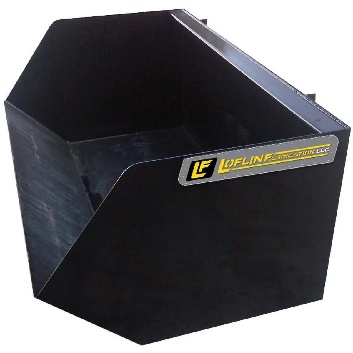Black loflin trash bucket with Loflin Fabrication LLC logo on a white background