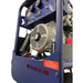 A close-up of a Makinex 240v 16 Kw generator showing the blue frame, silver engine components, control panel, and red warning label.