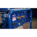 Close-up of a blue Marinex 240v 23kw portable generator showing the control panel with outlets, switches, and outlets, with a white and red Marinex logo on the blue metal panel.
