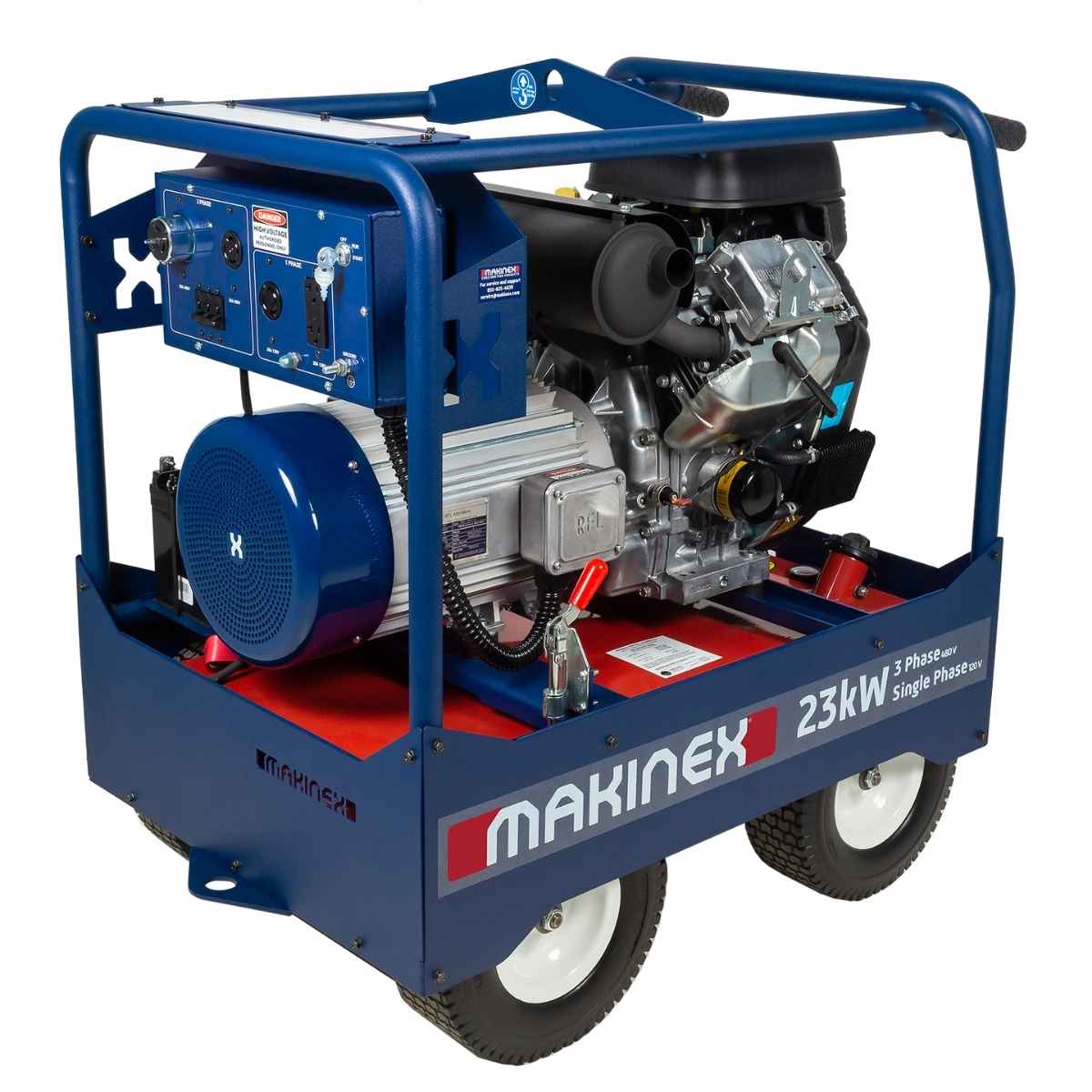 A Makinex 23kW 240 volt generator with an inline engine, blue metal frame, and dual wheels, shown on a white background.